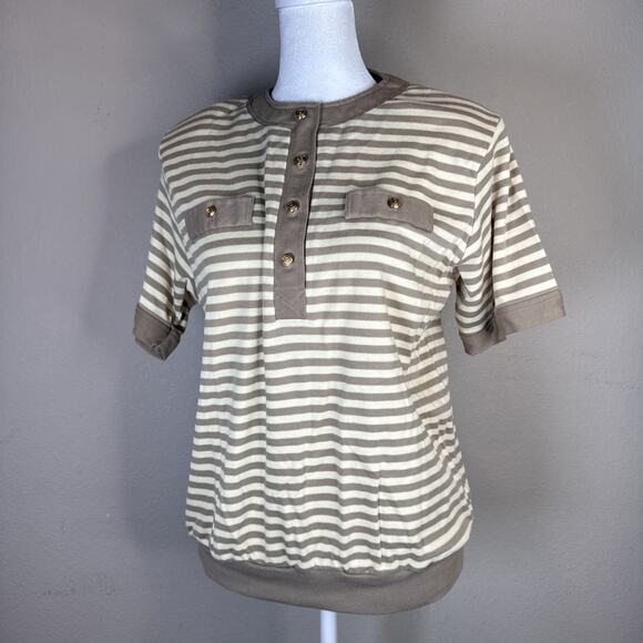 Vintage Blouse Brown Tan 80s Medium Grandma‎ Grandpa Striped - Picture 1 of 11